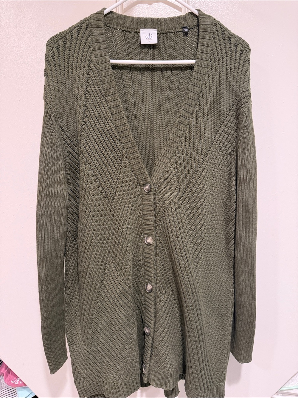 CAbi Olive Green Textured V-Neck Button Cardigan